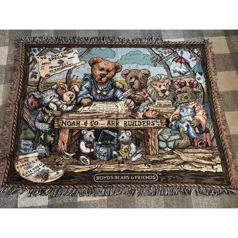 Boyds Bears Noah's Ark Limited Edition #00201 Tapestry Throw Blanket fringe